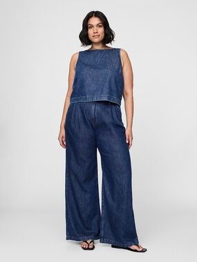 GAP 365 High Rise UltraSoft Denim Pleated Trousers 20T dark indigo blue jeans